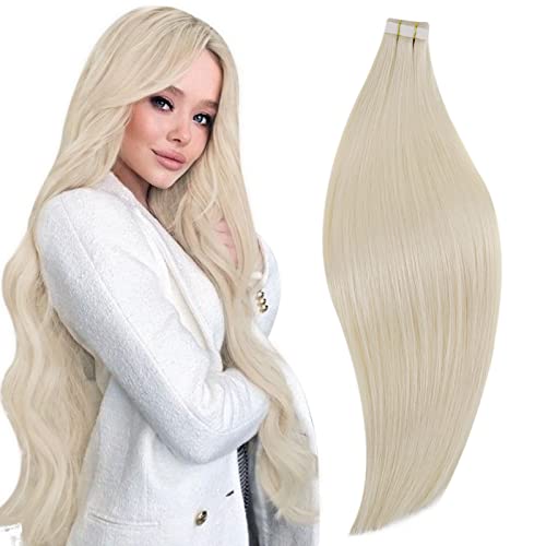 RUNATURE Real Hair Extensions Tape in Blonde Human Hair 16 Inch Tape in Hair Extensions Platinum Blonde Straight Tape in Extensions for Women 50g 20pcs