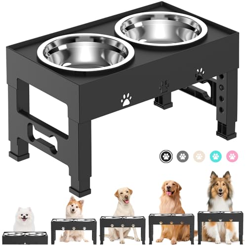 Elevated Dog Bowls with 2 Stainless Steel Bowls, Raised Dog Food Bowl Stand 5 Height Adjustable (3.1″, 9″, 10″, 11″, 12″) Non-Slip Feeder Set for Medium and Large Dogs – Black