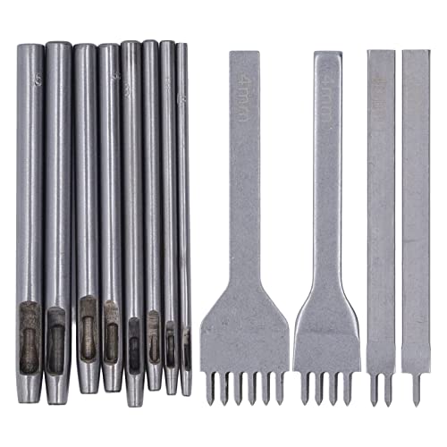 Leather Stitching Punch Set, Leather Hole Punch Tool with 8 Round and 4 Rhombus Cutters, High Carbon Steel Manual Prong Punch fo