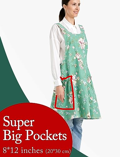 Image of Cozy Adjustable Cross Back Aprons for Women with Pockets Cotton Linen Cooking Kitchen Baking