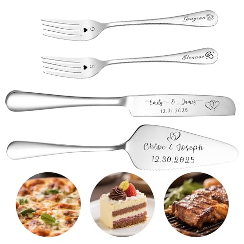 QSZ Personalised Wedding Cake Cutter Set Engraved Cake Knife with Names Icon Text for Weddings Birthday Anniversaries (Wedding Cake Knife)