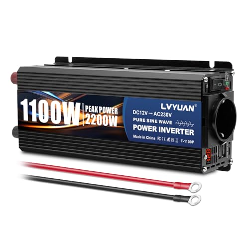 LVYUAN Inversor 12V a 220V 230V 1100W/ 2200W Convertidor de tensión de Onda sinusoidal Pura Transformador con Pantalla LED, Enchufe UE y 2 Puertos USB