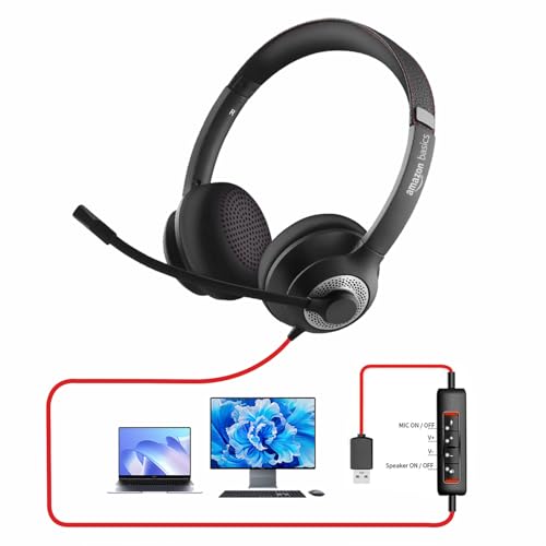 Image of Amazon Basics Pro Series Wired USB On Ear Headset with Mic | 40 mm Driver | Computer /PC or Laptop Headphone | Noise Cancellation Microphone | in-line Control for Home, Office, Teams or Zoom, Black