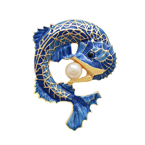 HSQYJ Cute Blue Fish Brooches Koi Fish Enamel Lapel Brooch Pin Fashion Pearl Lovely Brooches Golden Tone Ocean Animal Crystal Lapel Pin for Women Girl (Blue Fish Brooch)
