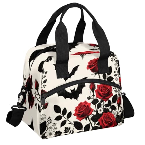 Aglebo Gothic Bat Rose Lunch Bag Women Lunch Box for Women Adult Men Reusable Cute Lunch Box Tote Cooler Bags Insulated Portable Lunch Containers for Work, Office, Travel, Picnic