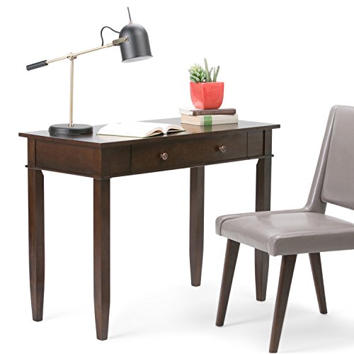 Simplihome Carlton Solid Wood Transitional Modern 42 Inch Wide Home Office Desk, Writing Table, Workstation, Study Table Furniture In Dark Tobacco Brown With 1 Drawer #TOP3