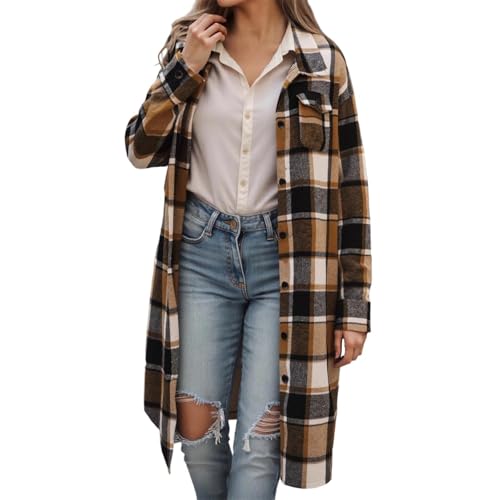 Abrigo largo a cuadros marrón talla L para mujer en otoño