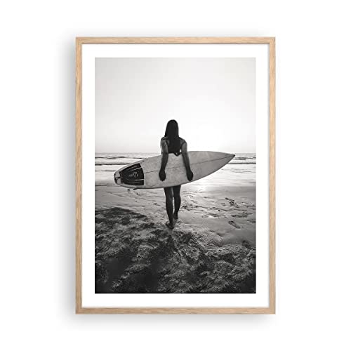 Poster décoration salon chambre femme plage surf format 50x70cm encadré