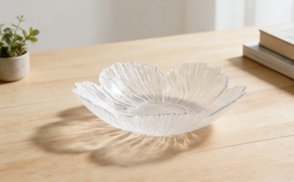 Set de 3 platos decorativos de vidrio blanco con forma floral miniatura 6