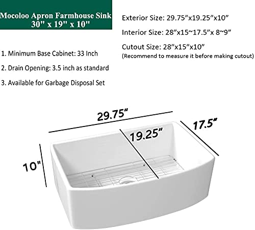 30 White Farmhouse Kitchen Sink - Mocoloo 30"X19"X10" Inch Undermount Arch Apron Front Ceramic Porcelain Vitreous Fireclay Deep Single Bowl Farm Sink #TOP6