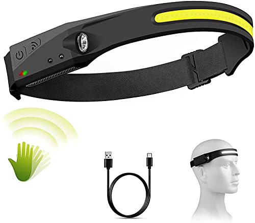 LED Stirnlampe, Wiederaufladbar Kopflampe mit 230° Leuchtung mit Sensor, USB C COB Headlamp mit 5 Lichtmodi, Superleicht XPE Wasserdicht, Stirnlampe fürs Joggen Laufen Angeln und Wandern, Schwarz Cover