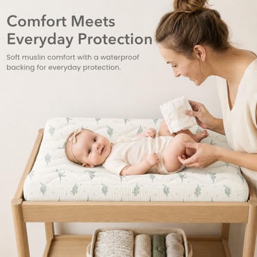 Image of Konssy Waterproof Muslin Changing Pad Cover 2 Pack, 100% Cotton Quilted Diaper Changing Table Sheets, Soft Breathable Boho Nursery Bedding for Baby (Baby Green Plaid,Green Dino)