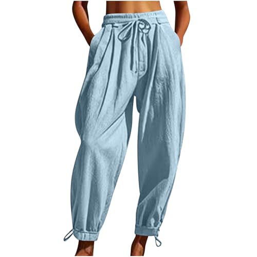 Womens Cinch Bottom Cotton Linen Pants Summer Casual Solid High Waist Drawstring Trousers Baggy Trouser with Pockets3