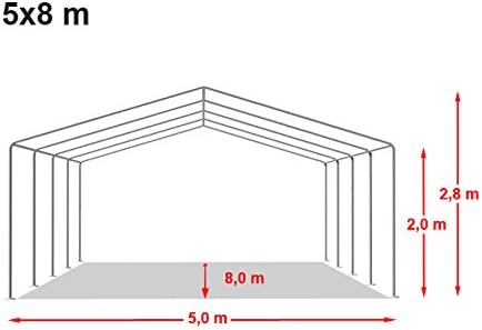 Diagram showing the dimensions of the 5x8 m tent, with a height of 2.8m at the peak and 2.0m at the sides.