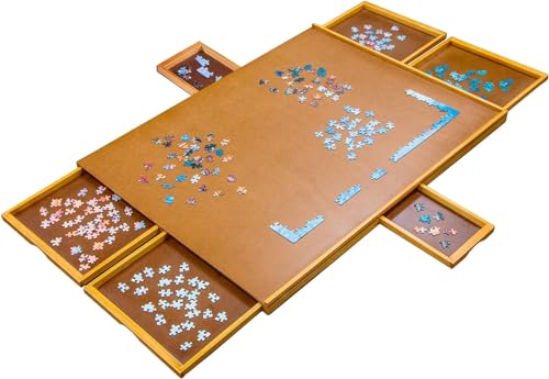 Jumbl 1500-Piece Puzzle Board | 27” x 35” Jigsaw Puzzle Table | 6 Removable Magnetic Sorting Drawers | Smooth Plateau Fiberboard Work Surface & Hardwood Construction | for Games & Puzzles