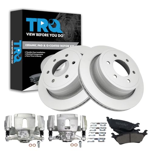 Image of TRQ Rear Brake Pad, Caliper, & Rotor Kit Ceramic Vented Premium G-Coated Compatible with 2015-2018 Ford F-150
