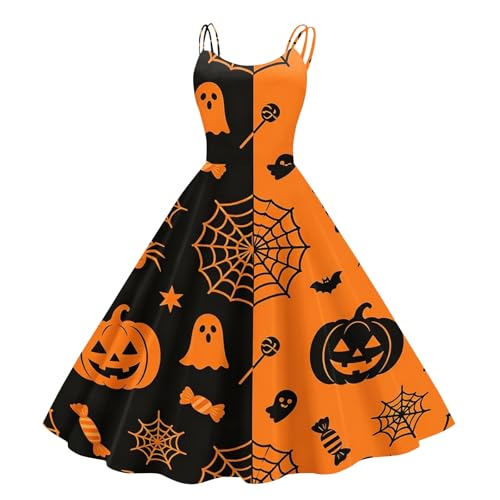 Robe vintage femme pour Halloween au motif de citrouilles et fantômes nostalgiques