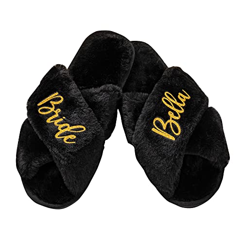 Chaussons de demoiselle d'honneur personnalisés, chaussons pour la fête de la mariée, cadeaux de demoiselle d'honneur, chaussons en peluche pour demoiselles d'honneur. (Noir) Cover