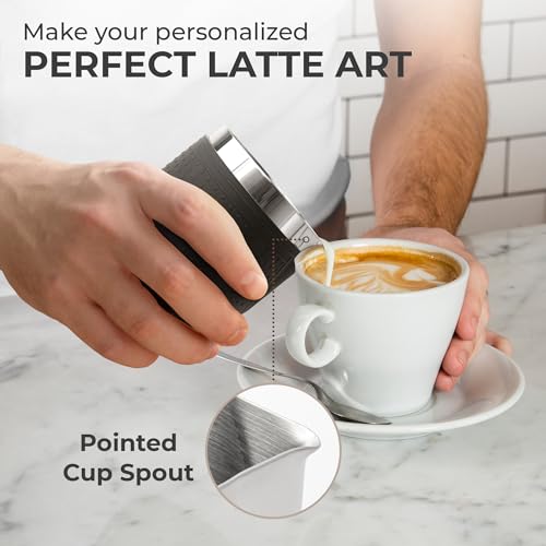 Kaffe Milk Frothing Pitcher (20oz / 600ml) - Stainless Steel, Anti-Burn Silicone Sleeve, Dripless Spout - Metal Milk Pitcher for Frothing & Steaming - Milk Frother Cup for Latte Art & Espresso Machine