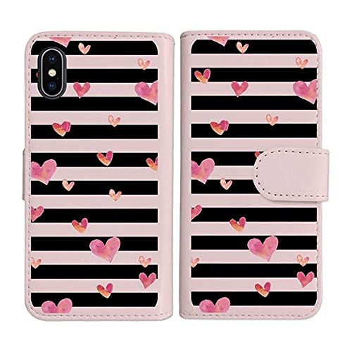sslink iPhone17 Pro Max アイフォン17プロマックス 対応 手帳型 ピンク ケース ハート&ボーダー(ブラック) ダイアリータイプ 横開き カード収納 フリップ カバー
