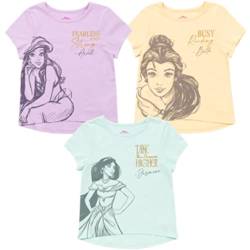 Disney Princess Ariel Cinderella Tiana Moana Jasmine Belle Girls 3 Pack T-Shirts Toddler to Big Kid