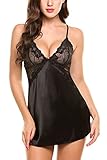 Avidlove Damen Dessous V-Ausschnitt Nachtwäsche Satin Nachtwäsche Spitze Chemise Mini Teddy Schwarz L.