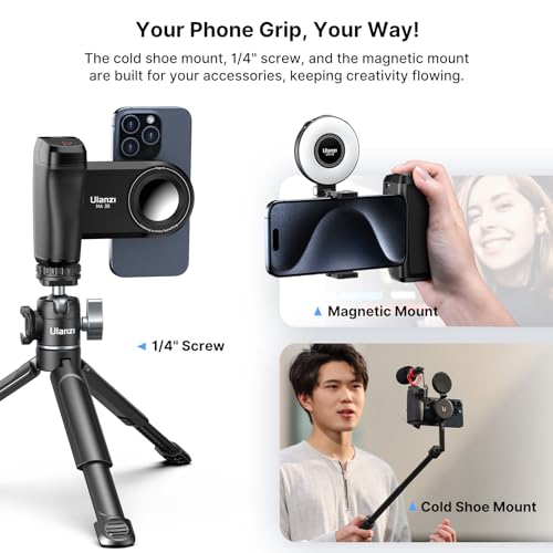 Ulanzi MA35 Smartphone Camera Shutter Grip Compatibile with MagSafe for iPhone w Wireless Remote Control Phone Clamp Holder Selfie for 1/4\" Tripod Mount Cold Shoe Extension Video Shooting Acccessories