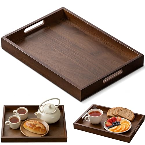 Tablett Serviertablett Groß, 38x26x4cm Holztablett Rechteckig mit Griffen, Serviertablett Holz Frühstückstablett, Multifunktionell Holztablett Dekofür Frühstück Snacktablett Getränke Kaffee