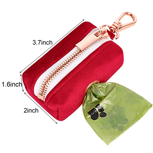 Image of ARING PET Dog Waste Bag Dispenser, Soft Doggy Poop Bags Holders Attach to Any Leashes, Velvet Portable Washable Red Pet Waste Pouch Dispenser with Metal Zipper
