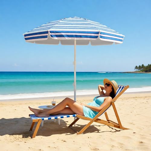 LOTTAFUN 6.5ft Beach Umbrella - Heavy Duty Wind Resistant UV 50+ Portable Sun Shade with Sand Anchor & Carry Bag, Outdoor Folding Umbrella for Beach, Pool, Patio, Garden (Blue diagonal strip) - Thumbnail 5