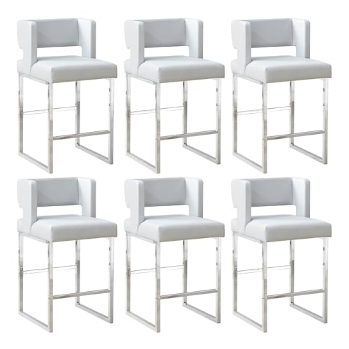 Image of 26 inch H PU Leather Bar Stools Set of 6, Counter Height Bar Seats with Square Back, Modern Upholstered Armless Barstools with Metal Silver Legs for Kitchen Island Dining Room Bar, Light Grey