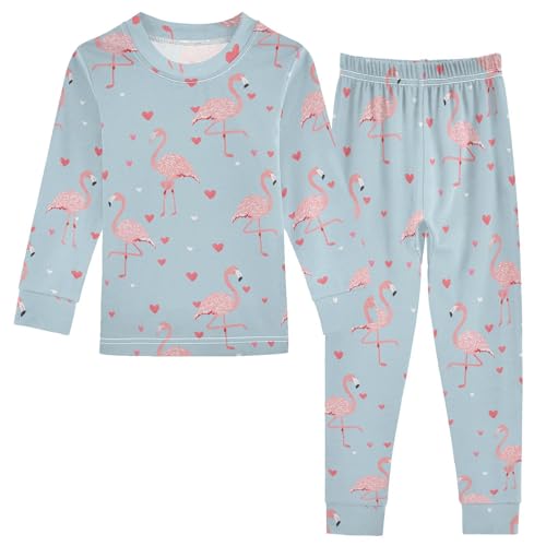 Fustylead Hand Draw Pink Flamingo and Hearts Cotton Pajamas Long Sleeve Sleepwear Lounge Set