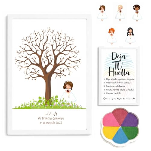 Didart Handmade Cuadro Árbol de Huellas Comunión Niña Personalizado – Libro de Firmas con Tintas e Instrucciones – Regalo Comunión Original - Recuerdo Invitados