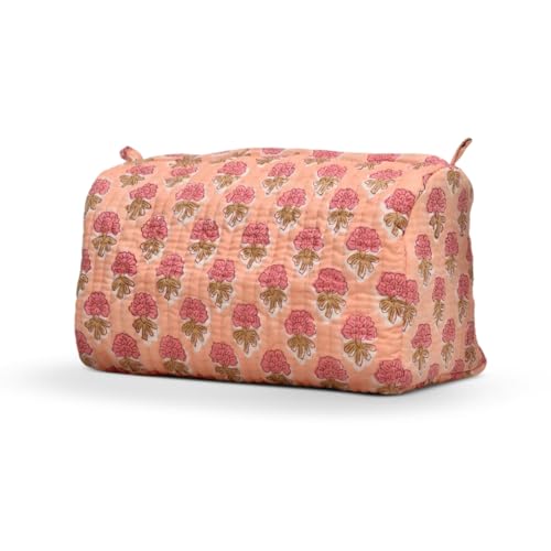Cotton Hand Block Floral Print Toiletry Bag For Women Make Up Cosmetic Bag Jewelry Organizer Kit Storage Bag Case Travel Accessories Essentials Toiletries Purse Open Pouch, Orange (9.25"x 6.88"x 4.5")