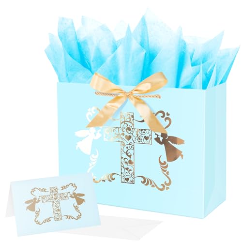 ysmile Baptism Gift Bag with Tissue Paper for Boy Blue Cross Gift Bag for Christenings First Communions Religious 12.6"