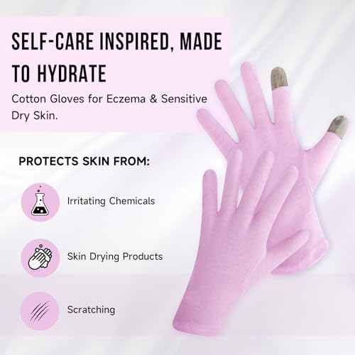 HandLove Premium 100% Cotton Gloves | Moisturizing Gloves for Dry Hands | Overnight Sleeping & Eczema | Touchscreen Friendly | Baby Pink, 2Pairs