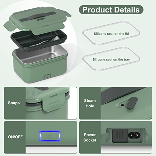 Vabaso 100W Electric Lunch Box with Fruit Compartments, Heated Lunch Box Adults with Insulated Lunch Bag, 1.8L Large Capacity 304 SS Container,Leakproof, Father's Day Gifts for Car Truck Driver Green