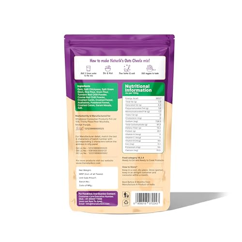 Image of The Naturik Co Chilla Mix | Oats Cheela Mix | No Maida No Palm Oil High Protein Gluten Free & Fiber Rich Breakfast | 200g Ready to Cook Chila /Dosa Mix | Lentils & Millets Protein Chilla Mix
