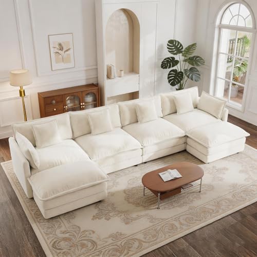 GNIXUU 146“ Oversized Modular Sectional Sofa Cloud Couch for Living Room, Modern Chenille Large U Shaped Couch, Comfy Deep Seat Couches with Reversible Chaise & Cushions(6 Seater, Beige White)