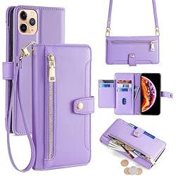 Cargador Inalambrico Motorola One Hyper Arseaiy Funda tipo cartera para Motorola Moto One Hyper Flip con correa cruzada, bolsillo magnético con cremallera, piel sintética a prueba de golpes con soporte para teléfono, color morado