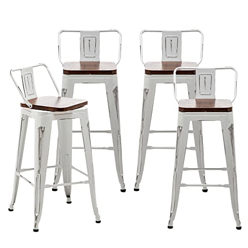 Alunaune 24" Swivel Metal Bar Stools Set Of 4 Counter Height Barstools Industrial Dining Bar Chairs With Modern Wooden Seat-Low Back, Distressed White #TOP4