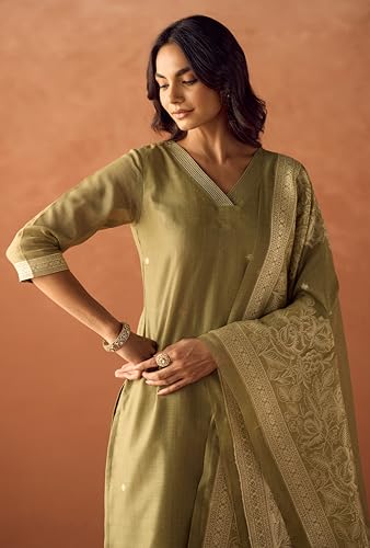 Image of FIORRA Women Green Cotton Jacquard Woven Kurta Set with Dupatta
