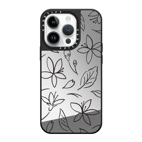 CASETiFY Magsafe �Ή��~���[ iPhone 14 Pro �P�[�X [���ː� / 1.5m����̗����������N���A / Magsafe �ɑΉ�] - Monochrome Sakura - �V���o�[ (�u���b�N�o���p�[)