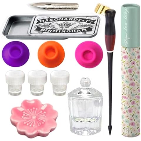 Oblique Calligraphy Pen Set with Universal Oblique Pen Holder, Dinky Dip Ink Bottles, Ceramic Pen Rest – Ideal for Copperplate & Modern Calligraphy Cover