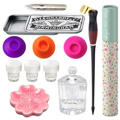 Oblique Calligraphy Pen Holder Set – Hand-Adjusted Brass Flange, Ergonomic Dip Pen, Leakproof Inkwell, Ceramic Pen Rest & Instruction Guide – Ideal for Copperplate, Spencerian & Modern Calligraphy