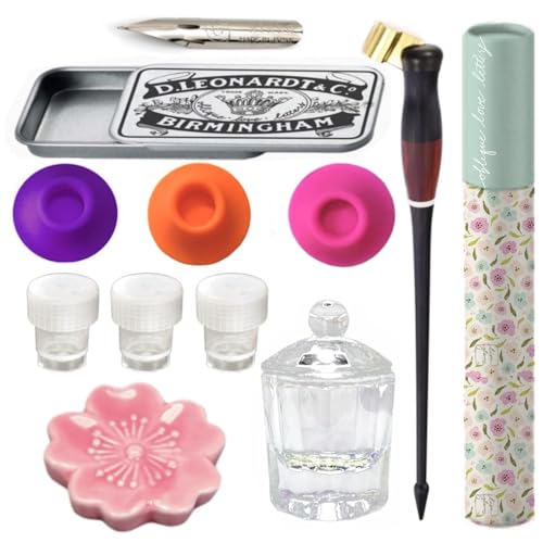 Oblique Calligraphy Pen Holder Set – Hand-Adjusted Brass Flange, Ergonomic Dip Pen, Leakproof Inkwell, Ceramic Pen Rest & Instruction Guide – Ideal for Copperplate, Spencerian & Modern Calligraphy