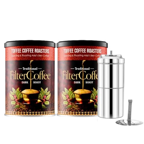 Image of Toffee Coffee Roasters | South Indian Filter Coffee, Pack of 2 (200 gms) + Free Filter Coffee Maker (220ml, 3-4Cups) | As Seen On Shark Tank | Speciality Traditional Dark Roast Signature Filter Coffee