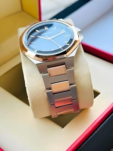Image of AMERICANVIBER Modern Analog Watch, Silver and Black Two-Tone Stainless Steel Band, Octagonal Case, White Dial for Men