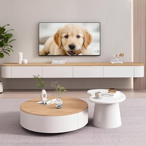 Ecoxsnz Floating TV Unit Wall Mounted, Large Storage TV Cabinet with Doors & Drawers, Modern Entertainment Console for Living Room (Wood + White, 180cm)