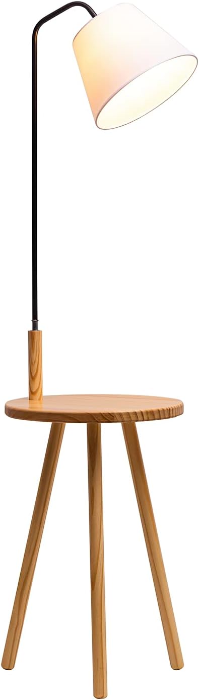 Nightstand End Table with Standing Reading Light, Rustic Beige Shade Fabric Shade Floor Lamp with Side Table, 2 in 1 Wood Bedside Floor Light for Living Room Sofa Bedroom Guest Room, 56.7" H (No Bulb)